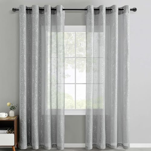 TERLYTEX Grey Sheer Curtains 95 Inches Long 2 Panels Silver Shimmer Patterned Privacy Light Filtering Grommet Window Shimmery Sheer Drapes for Living Room, Each W52 x L95 Inch, Grey
