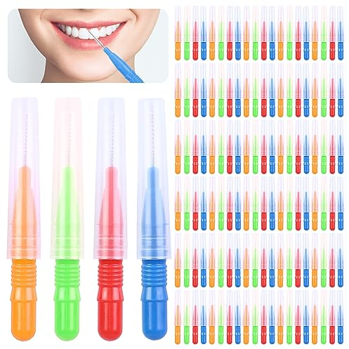 100 Stück Interdentalbürsten, 4 Farbenset Zahnzwischenraumbürsten, Dentalbürsten Zwischenraum, Zwischenraum Zahnbürste, Interdentalbürste, Zahnreinigung Werkzeug(Rot, Blau, Grün, Orange)