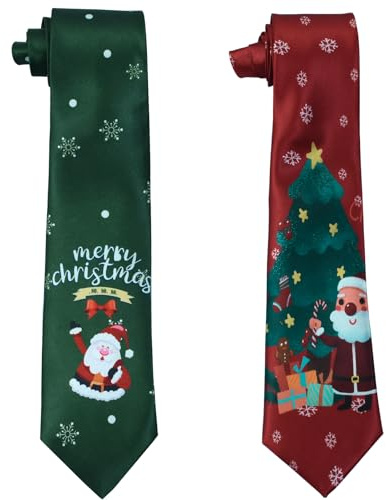 Cravates de Noël Fantaisie pour Homme et Garçon - Père Noël, Flocon de Neige - Cadeau Secret Amusant pour Fête, Déguisement - 2 Pièces