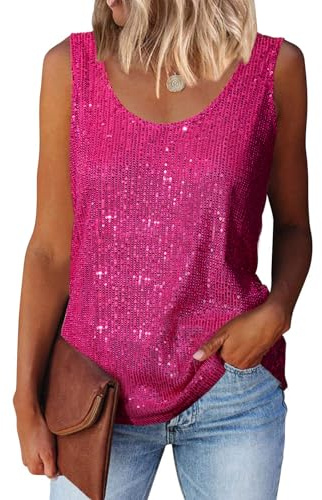 MLEBR Womens Tank Tops Spring Casual Sequin Tops Crew Neck Open Back Sequin Sparkle Glitter Tanks Tops Shimmer Camisole Fuchsia XL