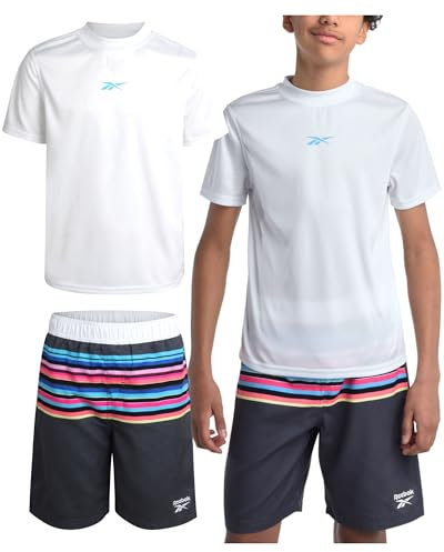 Reebok Rashguard-Set für Jungen, 2-teilig, UPF 50+, schnelltrocknendes Schwimmshirt und Badehose, Bademode-Set für Jungen (4–12), Weiss/opulenter Garten, 4