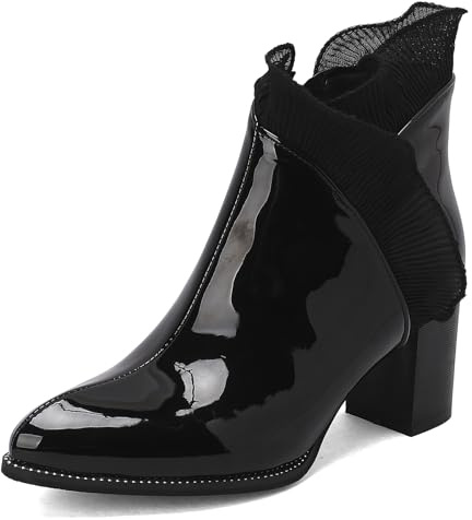 Gicoiz Femme Pointu Hiver Formal Bloc Bottines Chelsea Bureau Travail Ankle Bottines Zip Latéral Soirée Mariage Chaussures Habillées Noir-Cuir Verni Taille 37 EU-38Cn