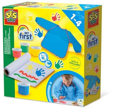 SES Creative 14449 - My first - Mon premier kit de peinture au doigt avec un tablier, 4 couleurs de peinture vives, facilement lavables, pour les enfants à partir de 1 an