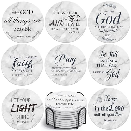 Billbotk Ceramic Coasters with Bible Verses, Coasters Set of 8 with Holder, Absorbent Drink Coasters for Home Decor and Christian Gifts, 4 Inches