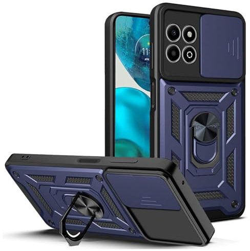 YUEQIAN Hülle für Honor X6b 4G, Schiebekamera Abdeckung & Drehbarer Ständer Ring Stoßfest Handyhülle, Hard PC + TPU Militär Rüstung Kratzfes Schutzhülle, Blau