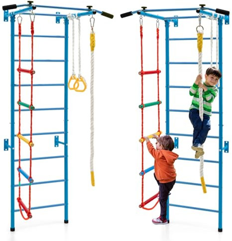 HOMASIS 5 in 1 Spalliera Svedese da Parete, Scala per Ginnastica con Sbarra per Trazioni, Scala a Corda, Corda e Anelli da Ginnastica, Gioco di Arrampicata per Adulti e Bambini dai 3+ Anni (Blu)