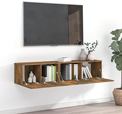 Gecheer TV-skåp set 2 st flerskikts rök ek trä, modern TV-skåp, TV-bord, TV-stativ, TV-skåp, TV-skåp, TV-skåp, TV-skåp, vardagsrumsskåp, P3120278