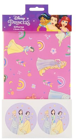 UK Greetings Paquete múltiple de papel de regalo y etiquetas de princesas Disney para ella/niña, juego de envoltura de regalo, cumpleaños, bodas, día de la madre, diseño rosa y morado, paquete de 2