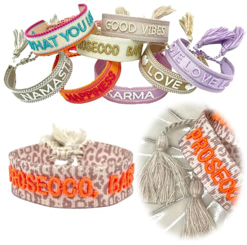 LS-LebenStil Exklusives Statement Armband - das Original - Leo Prosecco Baby Leopard 16-20cm Quasten besticktes Boho Canvas Webarmband Damen Freundschaftsarmband Geschenk gewebt textil Stoffarmband