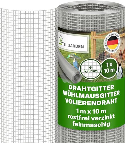 TTL GARDEN 1m x 10m Drahtgitter feinmaschig rostfrei verzinkt 6,3mm Masche 0,55 mm Draht Stärke - auf Rolle Maschendraht Volierendraht Hasendraht Wühlmausgitter 10m x 1m breit 6,3 mm Maschenweite