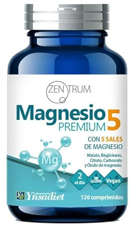 Magnesio Premium 5 de Zentrum | 5 Sales de Magnesio: Malato, Bisglicinato, Citrato, Carbonato y Óxido | Apoyo Muscular, Fatiga, Calambres y Equilibrio Electrolítico | Ynsadiet | 120 Comprimidos