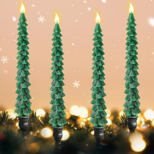 Enhon 4 Pcs 10 Inch Christmas Tree Candles, Natural Beeswax Unscented Taper Candles for Christmas Decor, for Holiday Decoration, Xmas Party, Banquet & Table Centerpieces