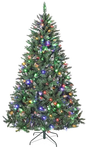 HOMCOM Árbol de Navidad 210 cm, Árbol Navideño de Abeto con Luces LED, 9 Modos de Iluminación, 1160 Ramas con Nieve Artificial, Soporte Metálico, Fácil de Montar, Verde