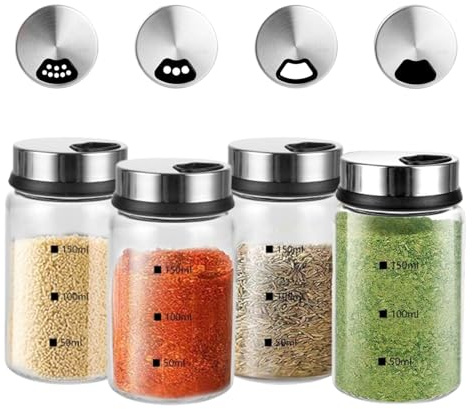 4 Pezzi Barattoli Spezie 150ml Barattoli Vetro, Spargispezie Con 3 Tipi Di Fori Per Spezie, Portaspezie Sali Vetro Borosilicato, Per Cucina, Grigliate All'Aperto, Cucina