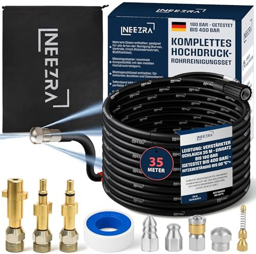 Kit Complet 10-en-1 Déboucheur de Canalisation Haute Pression – Tuyau 35 m Extra-Long Renforcé – 5 Buses + 3 Adaptateurs Laiton – Compatible Kärcher-Furet Kärcher