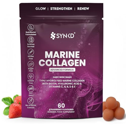 SYNKD Marine Collagen Gummies for Women – High Strength Hydrolysed Marine Collagen with Vitamin C, Biotin & Hyaluronic Acid – Hair, Skin & Nails Support – 60 Gummies – Strawberry Flavour