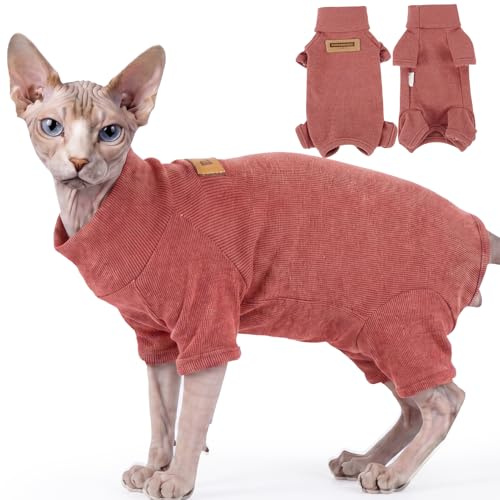 Traje recuperación Gato Post operatorio, Body Gato Anti lamido 4 Patas, Ropa Gato esterilización, Body Gato Polar cálido, Ideal para Gato Sphynx sin Pelo, Rojo Óxido XS