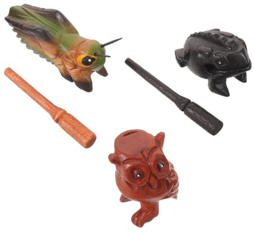 Sosoport Guiro Percussion Instruments Set Handcrafted Sound Quality Wooden 3pcs with Frog, Cricket, and Owl Shapes Smooth Handpolished Surface, for Music Class and Outdoor Activities