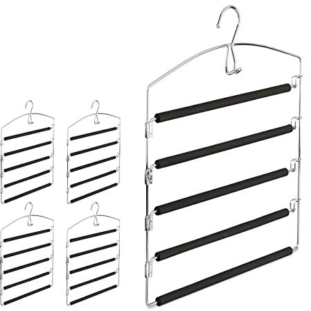 5 x Hosenbügel platzsparend, Hosenkleiderbügel mehrfach, Metall, gepolstert, HBT: 44,5 x 37 x 2,7 cm, Silber/schwarz