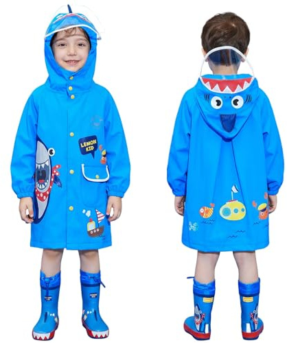 JinBei Chubasquero Niños Niñas Impermeable Poncho con Capucha, 2-8 Años | Ligero de Lluvia, Rayas Reflectantes, Plegable, Diseño 3D, Chaqueta Unisex Infantil, para Escuela, Barro, Camping, Lluvia