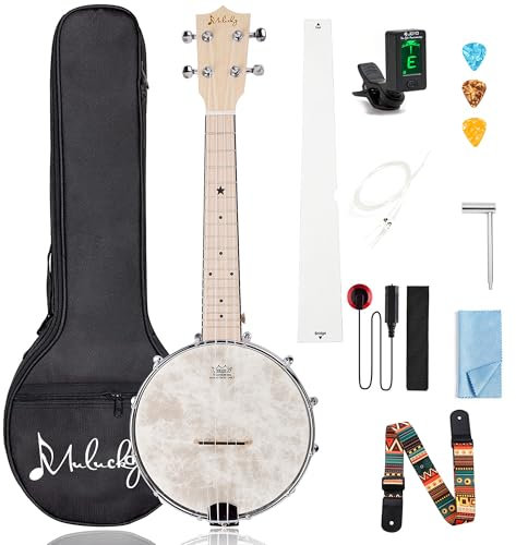 Mulucky 4 String Banjolele, Banjo Ukulele Concert Size 23 Inch with Remo Head, Closed Solid Wood Back, Beginner Kit with Truss Rod Gig Bag Tuner String Strap Picks, MBU-801