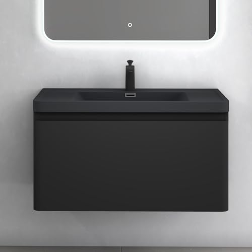 doporro Waschbeckenunterschrank Waschtisch mit Unterschrank Wandmontage in matt schwarz, BTH: 90x48x50 cm, inkl. Mineralguss-Waschbecken Ancona