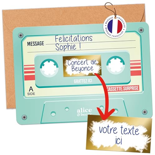 aliceandberry Tarjetas de rascar Cassette Sorpresa - Regalo de Concierto y Festival de Música - Cumpleaños, Despedida de Soltera, Fiesta en Pareja - Personalizable - Diseño Retro Vintage - Color Menta