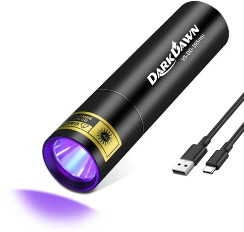 DARKDAWN torcia UV 395 NM, USB-C torcia ricaricabile LED Woods lampada, mini potente portatile portatile luce nera, rivelatore per cane domestico urina secca, rilevazione fluorescente, scorpione