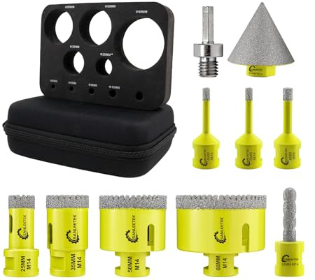 SANLEETEK Punte per Trapano Diamantate 10pezzi - (6/6/8/25/35/50/68mm+10mmFresa Punta Trapano+50mmPunta Smusso+Adattatore) Seghettato Fresa Diamantate Ceramica Porcellana Marmo Granito M14 Filettatura