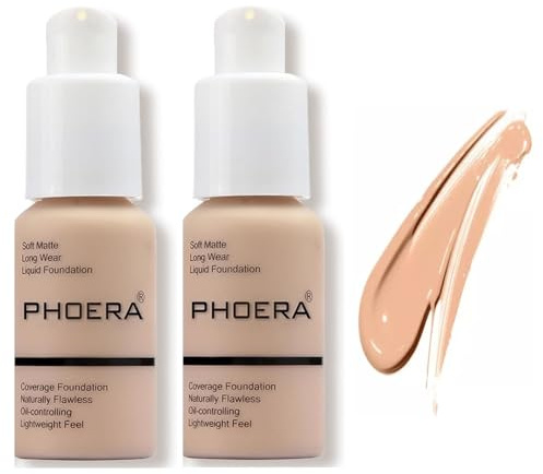Aquapurity Phoera® Full Coverage Foundation Soft Matte Oil Control Concealer 30ml Long Lasting Flawless Cream Smooth (2 PCS 103 WARM PEACH)