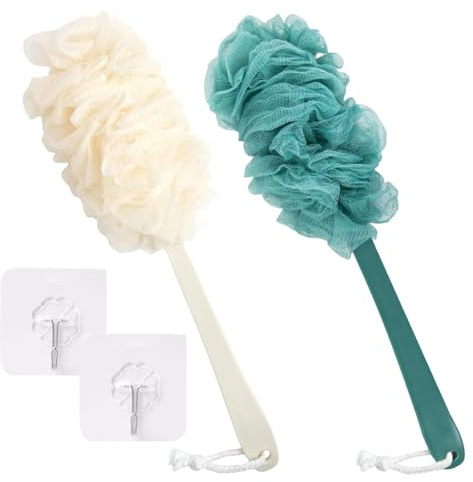 MEETOZ 2Pack Back Scrubber for Shower, Loofah Sponge Brush Exfoliating Body, Long Handle Scrub Brush for Shower with Loofah on a Stick for Back Use, Bathing Accessories Body Brushes