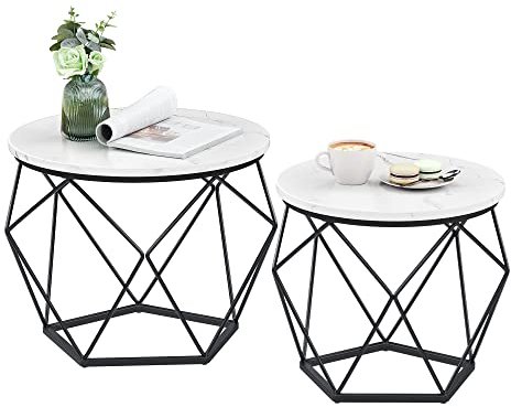 VASAGLE Couchtisch rund, 2er Set, Wohnzimmertisch, Beistelltisch, modern, abnehmbare Tischplatte, für Wohnzimmer, marmorweiß-tintenschwarz LCT041W59