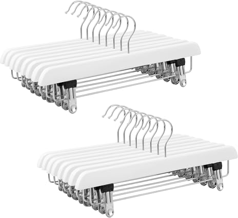 SONGMICS Rockbügel, 16er Set, Hosenbügel aus Massivholz, mit rutschfesten Clips, für Hosen, Shorts und Röcke, weiß CRW008WT-16