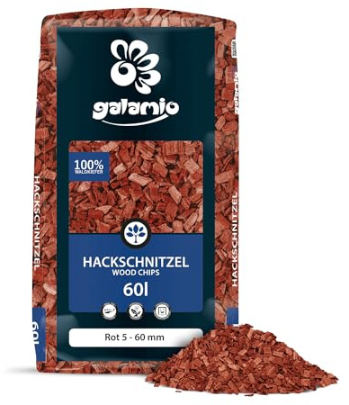 GALAMIO Holzhackschnitzel Rot Hackschnitzel Mulch Natur Wald Kiefer Pinus Sylvestris Garten Dekor Holz Häcksel Grob 5-60mm 60l x 26 Sack 1.560l / 1 Palette