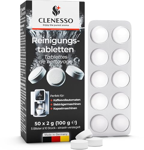 CLENESSO Reinigungstabletten Kaffeevollautomaten (50 Stück) – Kaffeevollautomat Reinigungstabletten kompatibel mit Siemens EQ Series, Jura, Krups, Sage, Melitta, Nivona, Phillips, WMF uvm.