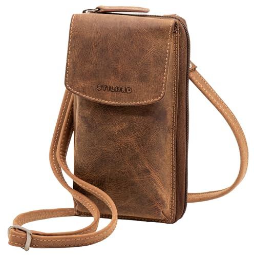 STILORD 'Jule' Leder Handytasche mit Geldbörse zum Umhängen Damen Geldbeutel mit Handyfach RFID Schutz Handytasche zum Umhängen Frauen Handy Portemonnaie Tasche Echt-Leder groß, Farbe:bergamo - braun