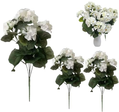 Pesoncarl Plastblommor, 3 STK Konsthistoriska Geraniums för utomhus 35,6 cm Siden Utomhus Konsthistoriska Blommor UV-beständiga Böjbara Falska Blommor Långvariga för Hem Bröllopsdekoration Vit
