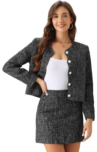 Allegra K Tailleur Donna Eleganti in Tweed da Lavoro Set Gonna e Blazer Senza Colletto in 2 Pezzi da Ufficio Nero XS