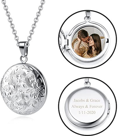 Jovivi Personalisiert Foto Medaillon mit personalisiert Foto Text Rund Medaillon Foto Kette Amulett Anhänger Halskette Personalisierte Geschenke für Damen Herren (Silber)