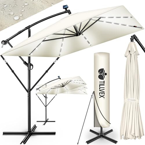 tillvex® Alu Sonnenschirm Rechteckig Ø 330 cm mit LED Solar + Abdeckung mit Kurbel | Ampelschirm mit Ständer & Windschutz | Gartenschirm UV-Schutz, wasserdicht, 360° drehbar | Kurbelschirm Marktschirm