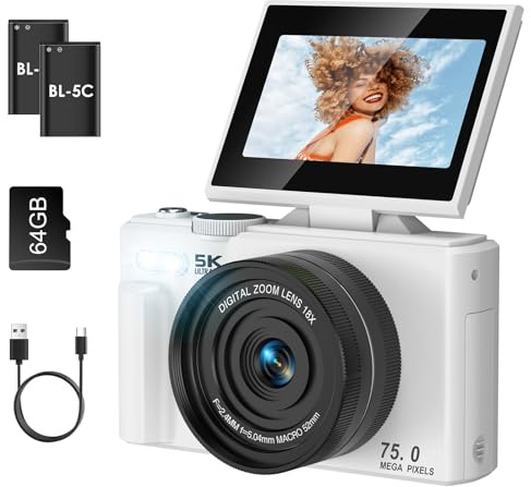 5K Digital Camera, LAMA 75MP Autofocus Compact Vlogging Camera with 64G SD Card with 3.0 Inch 180° Flip Screen, 18X Digital Zoom Camera for All Ages, White