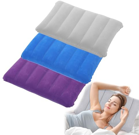 Quorlis 3Pcs Inflatable Pillows for Camping – Soft Flocked Blow Up Pillow, Waterproof Lightweight Pillow for Travel, Hiking, Beach, Air Cushion for Sleeping, Portable Camping Accessories