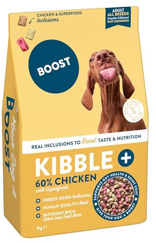 BOOST Pet Food Dog Kibble Plus Chicken - Freeze-Dried Raw Dry Food Kibble for Adult Dogs, Grain Free, Made with Real Chicken, Complete Nutritional Meal for Pets, Nothing Artificial - 1kg