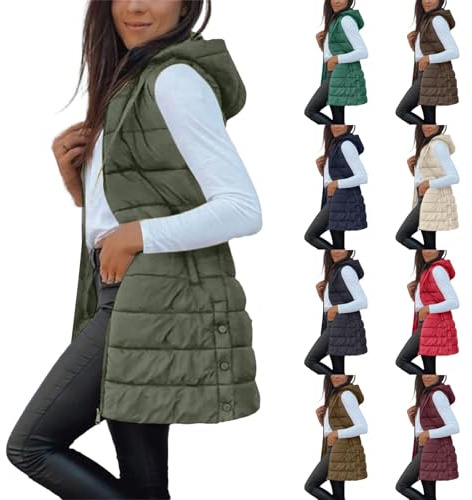 Chaleco Mujer Largo Invierno Acolchado Chaqueta sin Mangas Algodón Chalecos Largos Casual Moda Abrigo con Capucha Abrigos De Invierno Termico Parka Cálido Talla Grande Outwear con Cremallera Otoño