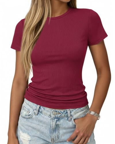 PLMOKEN Maglietta Donna a Coste Aderente Elastica - T-Shirt Basic Estivo a Manica Corta Scollo Rotondo Top