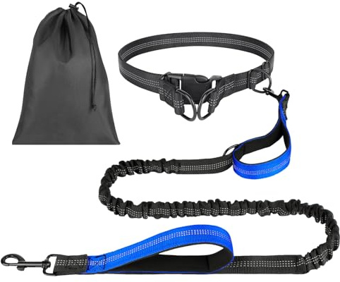 OFFCUP Hands Free Hundkoppel med Vässkor, Hundspringskoppel med Justerbar Midjebälte och Dubbelhandtag för Promenad, Vandring, Träning, Jogging, Midjekoppel med Reflekterande Stötar (Mörkblå)