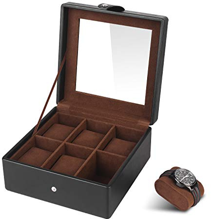 SHYOSUCCE 6 Slots Watches Storage Box with Clear Glass Window, Removable Velvet Pillow, PU Leather Watches Display Box, Black(7.7x7.7x3.7 Inch)