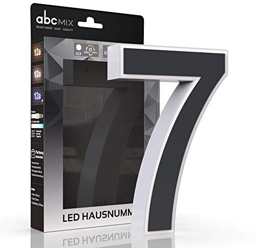 abcMIX LED Hausnummer, personalisierbare beleuchtete Hausnummer, Hausnummernleuchte mit LED - Hausnummer 7, Farbe ANTHRAZIT, Lichtfarbeneinstellung, Dimmbarkeit
