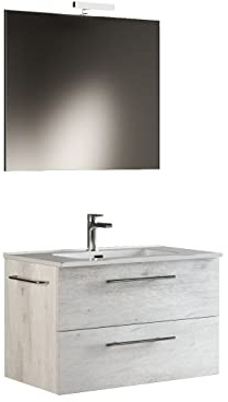 Mama Store ERA 60 - Mobile Bagno Sospeso 60 CM QUERCIA BIANCO con Lavabo, Specchio e Lampada LED, L.62 X P.47 X H.53 cm