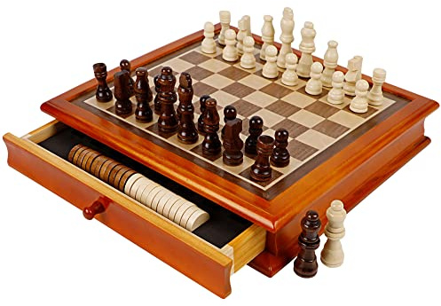 Juegoal 12-Inch Wooden Chess & Checkers Set with Storage Drawer, Portable Board Games for Kids and Adults